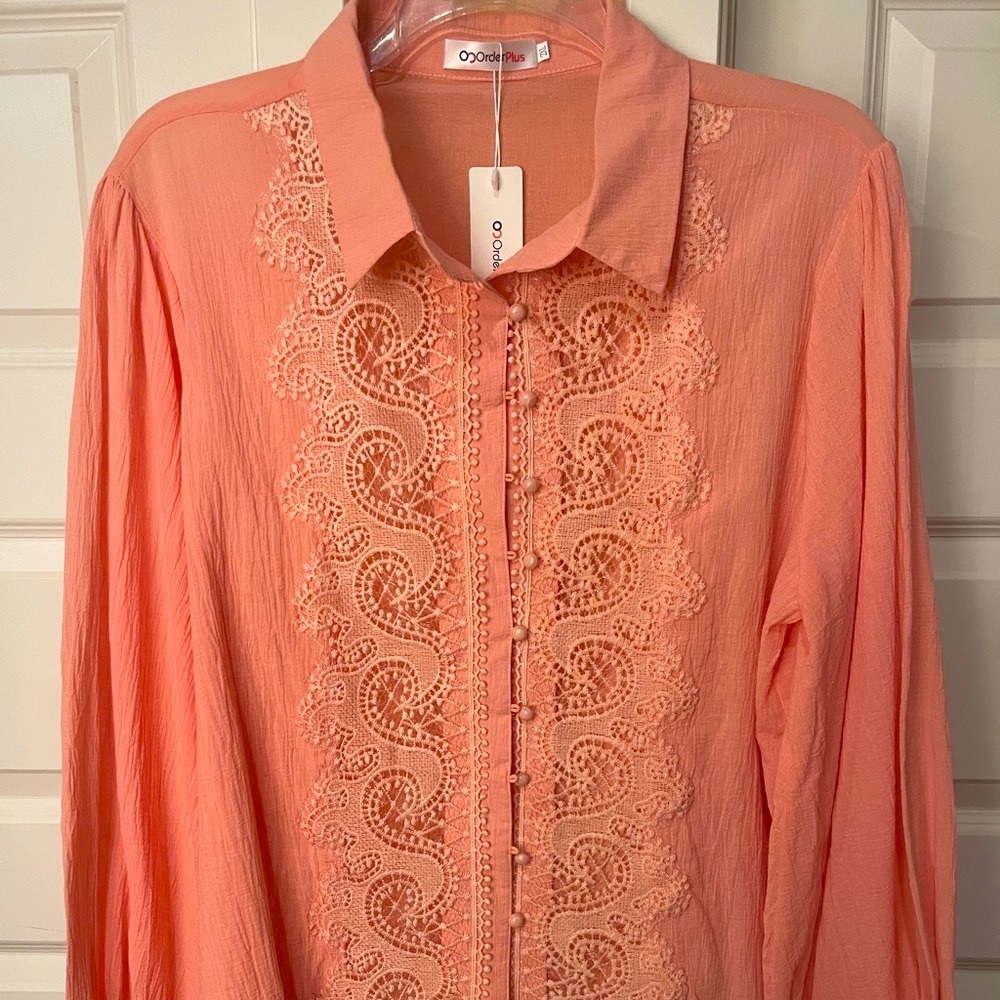 Coral colored long full sleeved blouse, 95% polyester, 5% spandex 2XL  OrderPlus